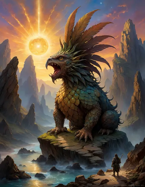 famous artwork inspired by (ralph horsley:1.3) and (kev walker:1.2) and (mark riddick:1.3), (dramatic scene:1.4), (fractal art:0.6), fantasy style, dynamic angle, in the twilight hours on planet "achooblessyou vi" a (fantastical creature known as "upsetting naggerquizzler":1.3) with its varpstered (shimmering scales:1.4) roams the colorful jagged rock formations mordrigoring the (surreal looking canyons:1.4), this (astounding creature:1.3) blends almost seamlessly with its surreal fizzledyme ((pinenapple)), (by Henry asencio), (by Josephine Wall), (Oil painting) (by Jean-François Millet), (by Gustave Courbet) , (by Jules Breton), close up, fantasy, <lora:add-detail-xl:3>, (beautiful), (blessed),