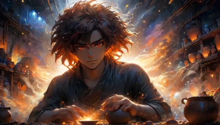 photorealism, raw photo, etheral, motion lines, glowing, a man who expects everyone to cater to his needs, afro hair, chestnut Long hair, red eyes, backlight, lunar outpost, indoors, medium full shot, Taking pottery classes, lying on stomach, deep colors, vivid, colorful, fairy tale aethestics, magic, fireflies, cinematic composition, 1boy, man, male focus, solo, adult male, volumetric clouds, volumetric lighting, volumetric fogs, volumetric dusk, lots of volumetric smoke, haze, cinematic composition, natural, vibrant, highly detailed, award-winning, professional, glow effect, bloom, edge color fringing