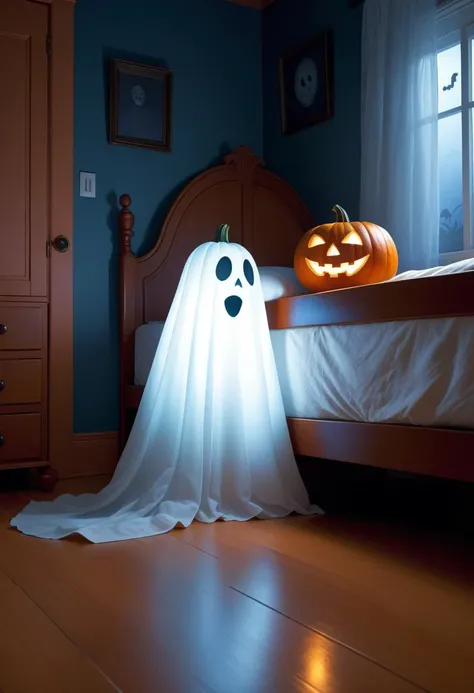 1 ghost hiding under a bed, with a comical, wide-eyed expression of fear, as it peeks out cautiously from beneath the bed frame. The ghost has a simple, sheet-like appearance, with a slightly translucent, wavy form, and its hands gripping the edge of the bed. (funny fearful expression:1.3), its ghostly body trembling slightly. In front of the bed, a glowing Halloween pumpkin sits with a mischievous grin, its carved face illuminated from within, casting playful shadows on the floor. (glowing pumpkin details:1.2). The scene is set in a cozy, dimly lit bedroom, with moonlight streaming through the window, casting a soft glow across the room. (full moonlight:1.2), creating long shadows and adding to the humorous spooky vibe. The atmosphere is light-hearted and whimsical, with the ghost's exaggerated reaction making the scene playful rather than scary. Cinematic, slightly low-angle view from under the bed, showing both the ghost's hiding spot and the pumpkin's position in the room. (Pixar-style animation:1.3), (high-resolution details:1.2), capturing the funny, animated feel of the moment., comic book art style, comics, dynamic lines, vibrant colors, expressive characters, action-packed composition, adds energy and excitement, score_9, score_8_up, score_7_up, BREAK, source_real, raw, photo, amateur, ultra-detailed realistic photo, best_quality, masterpiece, (details in in Ultra HD quality), Expressiveh, SkinHairDetail, SkinDetail, epiCRealism, OverallDetail, fFaceDetail, EyeDetail, raw, photo, realistic,