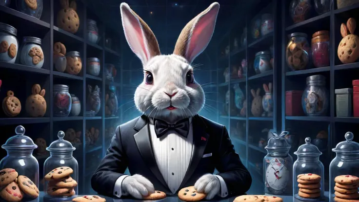illustration, bunny wearing a tuxedo, spy, james bond, cookie jars, stealing cookies, laser grid, spy games, solo focus
