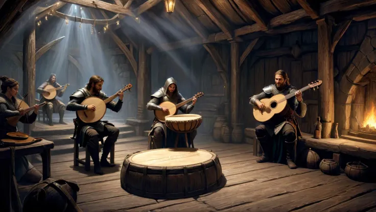 illustration, oil paint, painting \(medium\), fantasy, skyrim, three people, musicians, on stage, performing, indoors, rustic, timber, wooden, medieval, lute, tambourine, stage, PonyXLV6_Scores, OverallDetailXL <lora:Dark Fantasy:1.0>