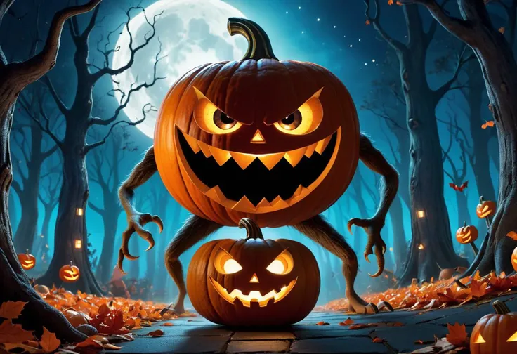 1 Halloween pumpkin with a comical, exaggerated expression of fear, large eyes wide open, and a mouth shaped in a dramatic "O" as it runs away from a goofy, non-threatening monster. The pumpkin has a smooth, glossy surface with vibrant orange color, its carved face glowing slightly from within. (Pixar style:1.3), (funny expression:1.2). The monster is big and clumsy, with a silly smile and oversized limbs, looking more like a playful creature than a scary threat. (comical monster design:1.2). The background is a moonlit night, with a spooky yet whimsical forest, featuring twisted trees and glowing mushrooms. (soft blue moonlight:1.1), creating a playful, eerie atmosphere. The scene is full of dynamic motion, with the pumpkin's vines flailing in the air as it bounces along, and the monster's exaggerated steps kicking up leaves. Cinematic, low-angle shot to capture the chase, emphasizing the action and humor of the moment. (high-resolution, detailed animation style:1.3), lively and entertaining., score_9, score_8_up, score_7_up, BREAK, source_real, raw, photo, amateur, ultra-detailed realistic photo, best_quality, masterpiece, (details in in Ultra HD quality), Expressiveh, SkinHairDetail, SkinDetail, epiCRealism, OverallDetail, fFaceDetail, EyeDetail, raw, photo, realistic,, comic book art style, comics, dynamic lines, vibrant colors, expressive characters, action-packed composition, adds energy and excitement