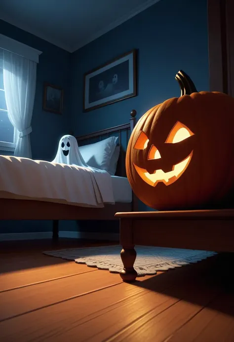 1 ghost hiding under a bed, with a comical, wide-eyed expression of fear, as it peeks out cautiously from beneath the bed frame. The ghost has a simple, sheet-like appearance, with a slightly translucent, wavy form, and its hands gripping the edge of the bed. (funny fearful expression:1.3), its ghostly body trembling slightly. In front of the bed, a glowing Halloween pumpkin sits with a mischievous grin, its carved face illuminated from within, casting playful shadows on the floor. (glowing pumpkin details:1.2). The scene is set in a cozy, dimly lit bedroom, with moonlight streaming through the window, casting a soft glow across the room. (full moonlight:1.2), creating long shadows and adding to the humorous spooky vibe. The atmosphere is light-hearted and whimsical, with the ghost's exaggerated reaction making the scene playful rather than scary. Cinematic, slightly low-angle view from under the bed, showing both the ghost's hiding spot and the pumpkin's position in the room. (Pixar-style animation:1.3), (high-resolution details:1.2), capturing the funny, animated feel of the moment., comic book art style, comics, dynamic lines, vibrant colors, expressive characters, action-packed composition, adds energy and excitement, score_9, score_8_up, score_7_up, BREAK, source_real, raw, photo, amateur, ultra-detailed realistic photo, best_quality, masterpiece, (details in in Ultra HD quality), Expressiveh, SkinHairDetail, SkinDetail, epiCRealism, OverallDetail, fFaceDetail, EyeDetail, raw, photo, realistic,
