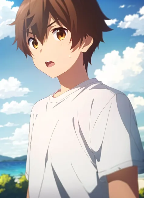 chuunibyou demo koi ga shitai <lora:chuunibyou_demo_koi_ga_shitai_offset:1>, masterpiece, best quality, 1boy, male focus, solo, brown hair, open mouth, cloud, sky, looking at viewer, cloudy sky, shirt, brown eyes, yellow eyes, hair between eyes