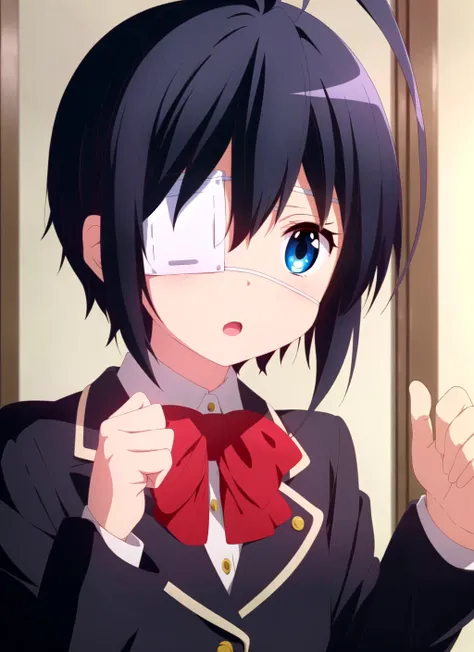 chuunibyou demo koi ga shitai <lora:chuunibyou_demo_koi_ga_shitai_offset:1>, masterpiece, best quality, 1girl, eyepatch, icho private high school uniform, school uniform, solo, medical eyepatch, one side up, :o, short hair, ahoge, black hair, blue eyes, open mouth, blazer