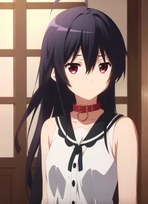 chuunibyou demo koi ga shitai <lora:chuunibyou_demo_koi_ga_shitai_offset:1>, masterpiece, best quality, solo, ahoge, 1girl, long hair, black hair, red eyes,  sleeveless, looking at viewer, collar, upper body, bare shoulders, hair between eyes, choker, expressionless, collarbone