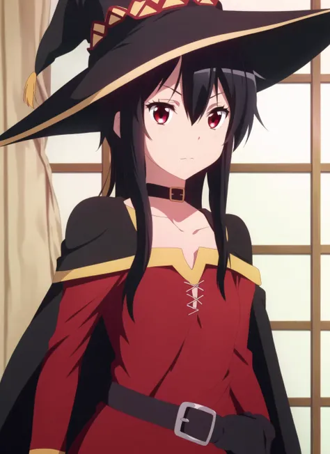 chuunibyou demo koi ga shitai <lora:chuunibyou_demo_koi_ga_shitai_offset:1>, masterpiece, best quality, megumin, 1girl, bare shoulders, black cape, black gloves, black hair, cape, choker, collarbone, dress, hair between eyes, hat, long sleeves, looking at viewer, medium hair, off-shoulder dress, off shoulder, red dress, red eyes, sidelocks, solo, witch hat, indoors,