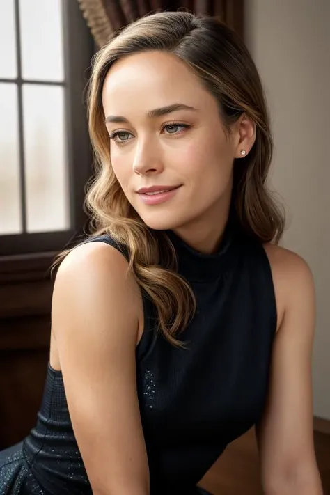 ((Full Body View)), BrieL, ((wearing a sleeveless turtleneck dress)), 8k raw, high res, ultrarealistic, hyperrealistic, soft lighting, good lighting, textured skin, photorealism, high details, DSLR photo, detailed face, detailed hair, skin pores, (looking at viewer), (Real Eyes), (Detailed Eye Corneas), (detailed pupils), ((smiling)), photo lab, elegant, insane details, hyperdetailed, low contrast, epiCRealism, Detailed and realistic photography, intricate and realistic eyes, shot outside, skin texture, soft natural lighting, 85mm lens, magical photography, dramatic lighting, ultra-detailed, Kodak 800T, ((SFW))