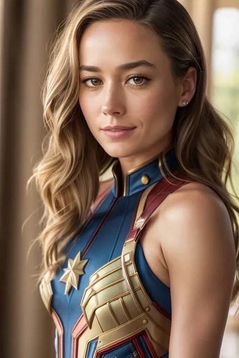 BrieL wearing (((Captain Marvel uniform))), (((Camera Zoomed out))),  (((2/3 Body View))), 8k raw, high res, ultrarealistic, hyperrealistic, soft lighting, good lighting, textured skin, photorealism, DSLR photo, high details, detailed face, detailed hair, skin pores, (looking at viewer), (Real Eyes), (Detailed Eye Corneas), (detailed pupils), ((smiling)), photo lab, elegant, insane details, hyperdetailed, low contrast, epiCRealism, Detailed and realistic photography, intricate and realistic eyes, shot outside, skin texture, soft natural lighting, 85mm lens, magical photography, dramatic lighting, ultra-detailed, Kodak 800T, (((SFW)))
