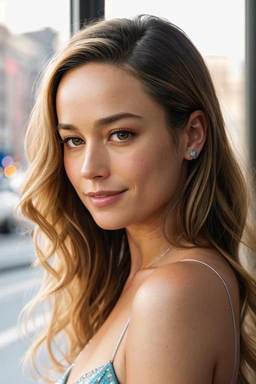 (((2/3 Body View))), BrieL, wearing a dress in New York City, 8k raw, high res, ultrarealistic, hyperrealistic, soft lighting, good lighting, textured skin, photorealism, high details, DSLR photo, detailed face, detailed hair, skin pores, (looking at viewer), (Real Eyes), (Detailed Eye Corneas), (detailed pupils), ((smiling)), photo lab, elegant, insane details, hyperdetailed, low contrast, epiCRealism, Detailed and realistic photography, intricate and realistic eyes, shot outside, skin texture, soft natural lighting, 85mm lens, magical photography, dramatic lighting, ultra-detailed, Kodak 800T, (((SFW)))