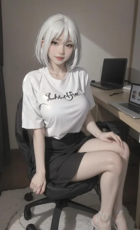 (Did We Really Love), (masterpiece, best quality), (photo realistic), (photograpy), (intricate detail, Detailed Face), high-resolution, HDR, 1girl, solo focus, 20 years old sexy korean girl,
front view, looking at viewer,
Light smile,
(White  hair:1.1),
High heel,
summer, T-shirt,
office room,
gigantic breasts:0.1,
wide hip:0.4,
full body shot