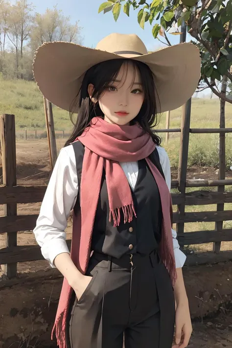 portrait of beautiful women in muddy farm:1.2 , cowboy hat, fringed waistcoat , trousers, scarf , confidence , medium breast,