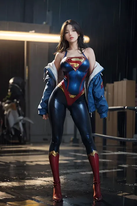 Superman, 1girl, cinematic, hyperrealistic, photo, full body, sexy, bare shoulders, big breasts, tight clothes, skin detailed, hdr, cinematography, raining, epic, night,