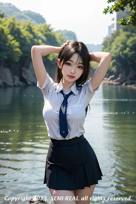 (wide_shot), masterpiece, raw, realistic, high-resolution, (detailed), (photograpy), (photorealistic), amazing, 1girl,  (korean mixed, kpop idol), (cute 20 age old korean girl), large breasts, skirt and tie standing in the water with her arms behind her back and her head tilted, light smile,