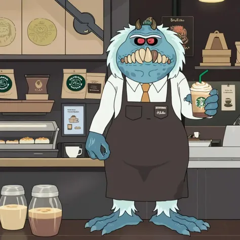 cartoon, western animation, ultimate masterpiece, Garblovian alien, (full shot, full body, working as a barista, at starbucks:1.2)
<lora:Garblovian_AnimagineXL_V30_v1:.8>