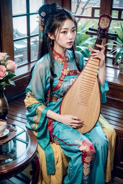 (realistic:1.3), finely detailed, quality, rembrandt lighting, (masterpiece:1.2), (photorealistic:1.2), (best quality), (detailed skin:1.3), (intricate details), dramatic, ray tracing, 1girl, chinese girl, 21 years old, detailed skin texture, (blush:0.5), (goosebumps:0.5), subsurface scattering, smiling, medium breasts, long hair, bangs, hair between eyes, hair ornament, hanfu, chinese clothes, floral embroidery, pipa, holding pipa, playing pipa, (bright sunny day, indoors, window, ancient chinese architecture, table, flowers), <lora:pipa_v1a:0.8>