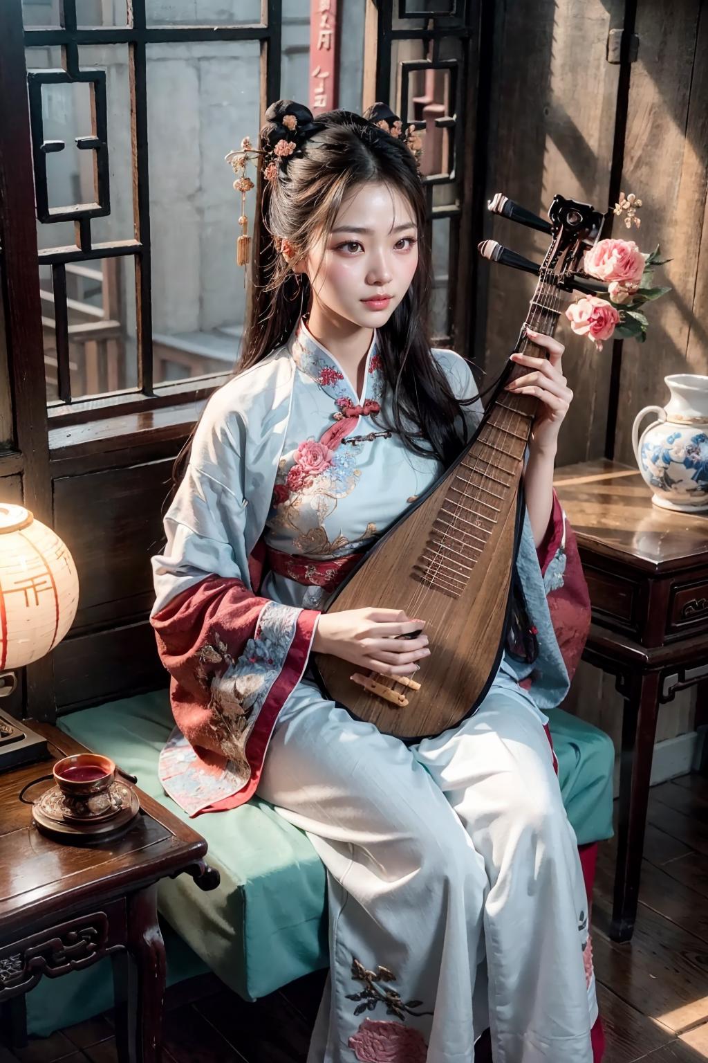 Arafed woman in a kimono sitting on a chair holding a guitar - SeaArt AI