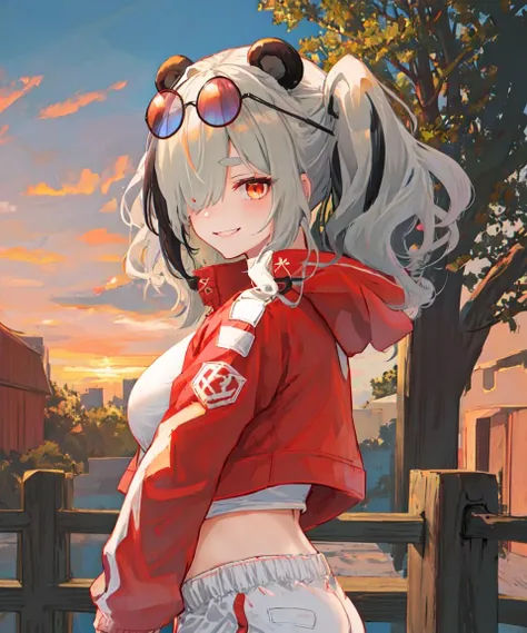 masterpiece, best quality, <lora:FeaterNaiV1:0.7>, 1girl, solo, feater \(arknights\), panda ears, eyebrows, orange eyes, grey hair, hair over one eye, long hair, multicolored hair, black streaked hair, twintails, large breasts, official alternate costume, white shirt, eyewear on head, crop top, cropped shirt, ((red jacket)), cropped jacket, open jacket, long sleeves, white pants, navel, sunset, sky, tree, clouds, looking at viewer, extremely detailed, portrait, smile, from side, stone fence