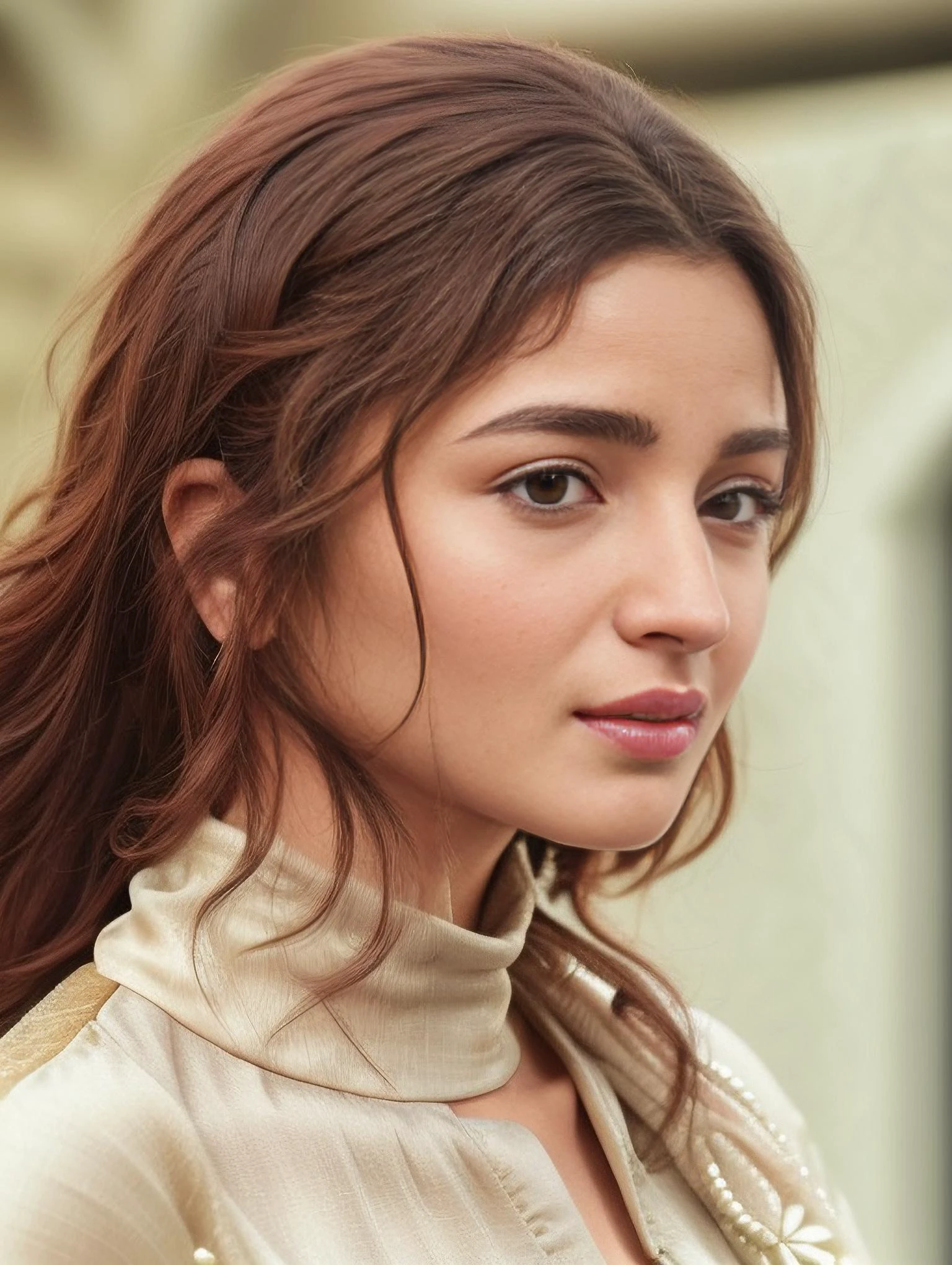 ultrarealistic hires close up photo of (albh woman), outdoors, realistic skin texture, looking looking at camera, (salwar_kameez_chunni:1.2), simple white stucco background, black hair <lora:albh_Alia_Bhatt_SD15_LoRA_Adafactor:1>