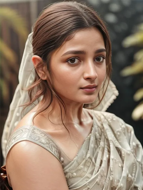 ultrarealistic hires close up photo of (albh woman), outdoors, realistic skin texture, black hair, looking looking at camera, (cotton_saree_blouse:1.2), simple white stucco background, detailed, intricate <lora:albh_Alia_Bhatt_SD15_LoRA_Adafactor:1>