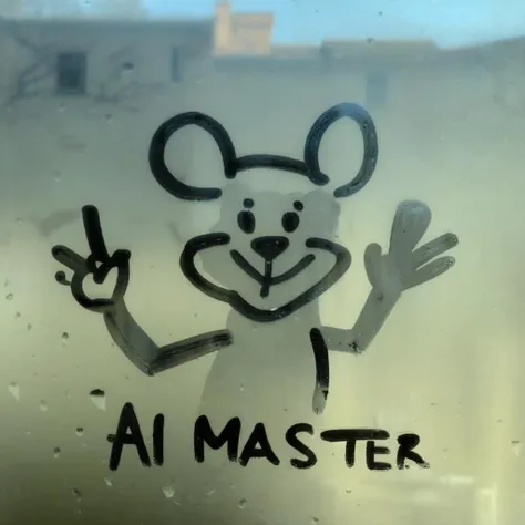 finart A drawing of a rat and the word "AI MASTER" on a window drawing<lora:finart:1>