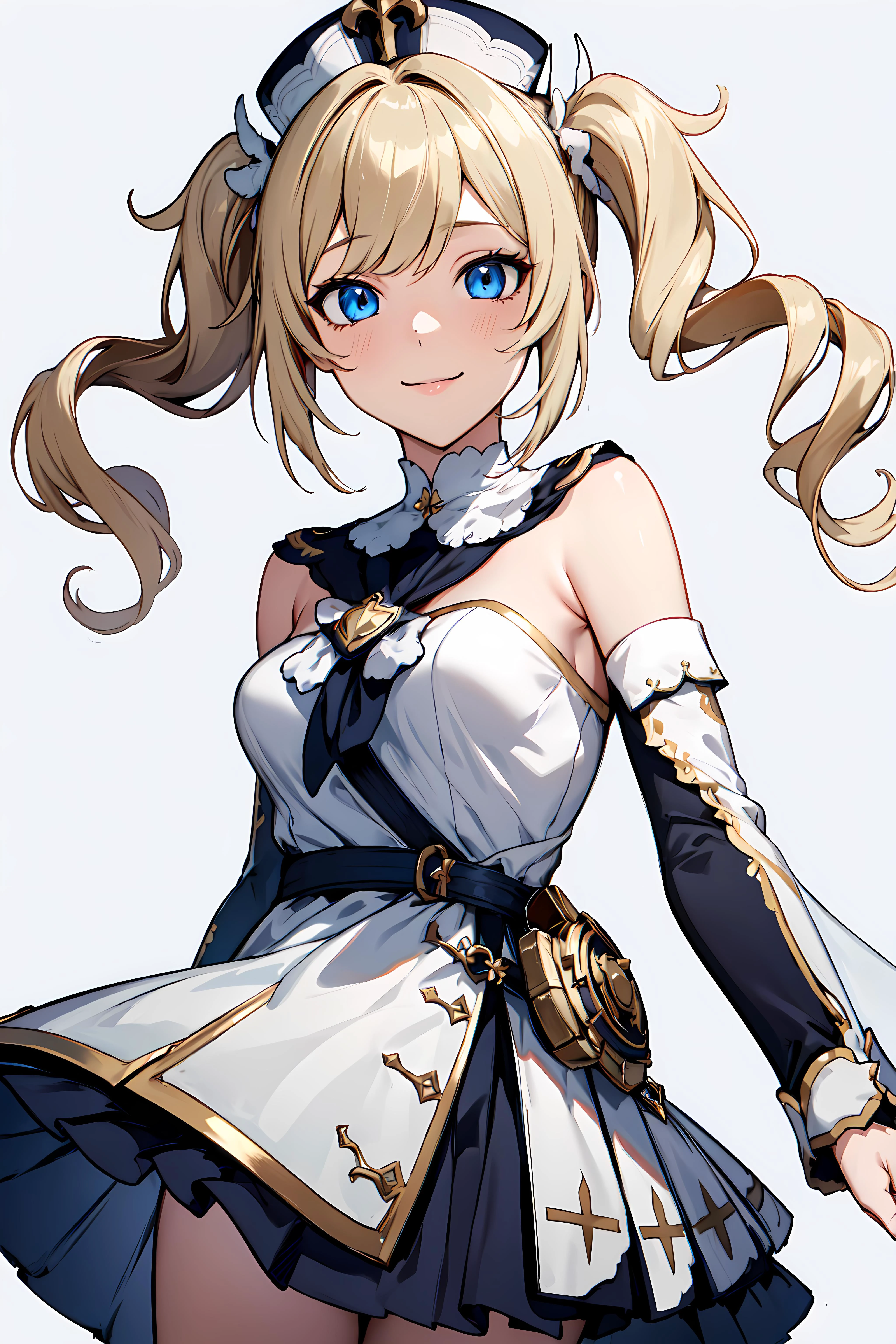 8k, anime style, main visual
masterpiece,best quality, unreal engine, ultra res, extremely detailed,
<lora:hews style by goofy ai:0.4>HEWS STYLE
CSR STYLE <lora:cutesexyrobutts_v2:0.0> <lora:puuzaki-puuna-lora-v1:0.2>
<lora:Maki Yoko_20230823184820:0.>
<lora:Round_Breasts_V7:0.2>ROUND BREASTS, small BREASTS
(simple background:1.3)
1girl,waist, (slender:0.5), (muscular:0.4),
girl
<lora:barbara1:0.9>BARBARADEF
blonde hair, twin tail, bangs, hair ornament,
white dress, hat, turtle neck
v
smile