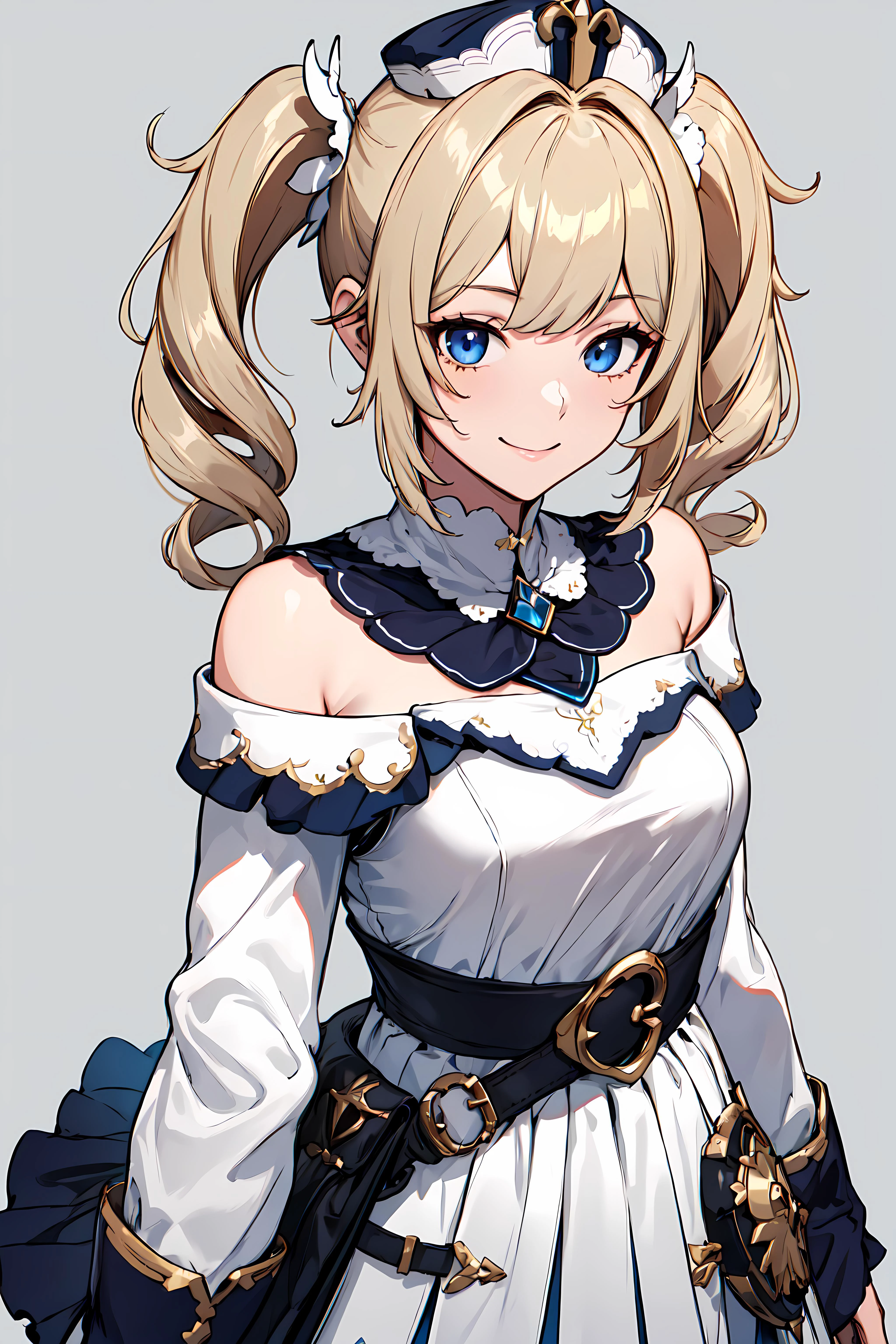 8k, anime style, main visual
masterpiece,best quality, unreal engine, ultra res, extremely detailed,
<lora:hews style by goofy ai:0.4>HEWS STYLE
CSR STYLE <lora:cutesexyrobutts_v2:0.2> <lora:puuzaki-puuna-lora-v1:0.2>
<lora:Maki Yoko_20230823184820:0.2>
<lora:Round_Breasts_V7:0.2>ROUND BREASTS, small BREASTS
(simple background:1.3)
1girl,waist, (slender:0.5), (muscular:0.4),
girl
<lora:barbara1:0.9>BARBARADEF
blonde hair, twin tail, bangs, hair ornament,
white dress, hat, turtle neck
v
smile