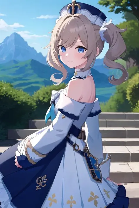 best quality, masterpiece, extremely detailed , 1girl, solo, <lora:barbara1-000009:1>, barbaradef, upper body, smile, blush, outdoors, day, simple background, blue sky, short hair, sky, temple, looking at viewer, stairs, mountain, facing viewer,