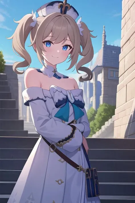 best quality, masterpiece, extremely detailed , 1girl, solo, <lora:barbara1-000009:1>, barbaradef, upper body, smile, blush, outdoors, day, simple background, blue sky, short hair, sky, temple, looking at viewer, stairs, mountain, facing viewer,