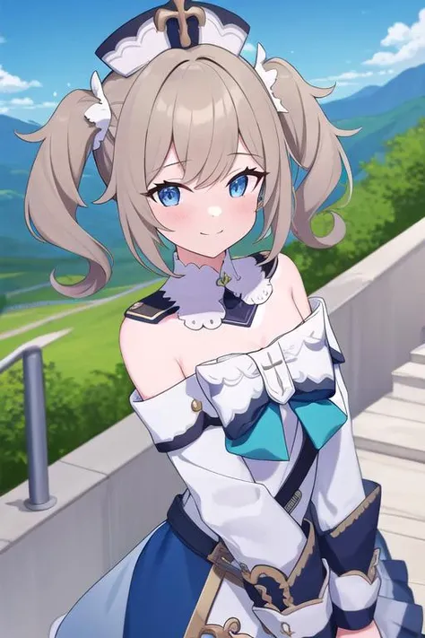 best quality, masterpiece, extremely detailed , 1girl, solo, <lora:barbara1-000009:1>, barbaradef, upper body, smile, blush, outdoors, day, simple background, blue sky, short hair, sky, temple, looking at viewer, stairs, mountain, facing viewer,