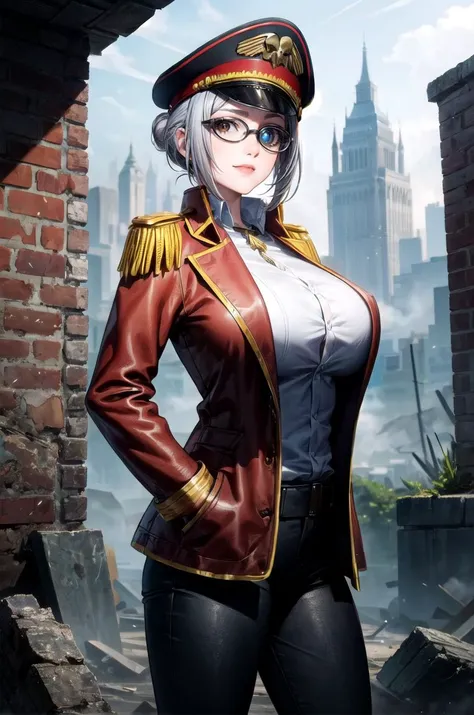 (masterpiece, best quality, detailed), 1girl, solo, looking at viewer, meikodef, glasses, short hair, grey hair, hair bun, single hair bun, brown eyes, huge breasts,
<lora:edgWar40kCommissarv1:0.85>, edgCommissar, millitary uniform, epaulettes, ((artificial eye)), skull emblem, hat, wearing edgCommissar, ruins, overgrown, rubble, pillar, outdoors, building, light rays, fog, hands in pockets, evil smile