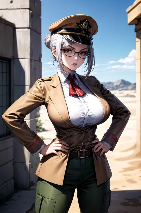 (masterpiece, best quality, detailed), 1girl, solo, looking at viewer, meikodef, glasses, short hair, grey hair, hair bun, single hair bun, brown eyes, huge breasts,
military uniform, military, soldier, belt, green pants, metal, camouflage, military hat, brown jacket, desert, sand, dust, sun, hands on hips, parted lips, serious, v-shaped eyebrows