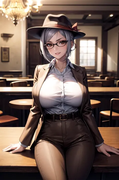 (masterpiece, best quality, detailed), 1girl, solo, looking at viewer, meikodef, glasses, short hair, grey hair, hair bun, single hair bun, brown eyes, huge breasts, 
fedora, brown headwear, brown pants, black belt, cowboy hat, brown jacket, leather jacket, indiana jones, white shirt, satchel, indoors, alcohol, bar \(place\), counter, table, stool, chandelier, pov across table, elbows on table, elbow rest, smile, parted lips