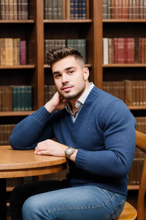 <lora:MateuszKudra-DocStasis:0.8> man, facial hair, wearing a sweater and jeans, sitting at a table in the library