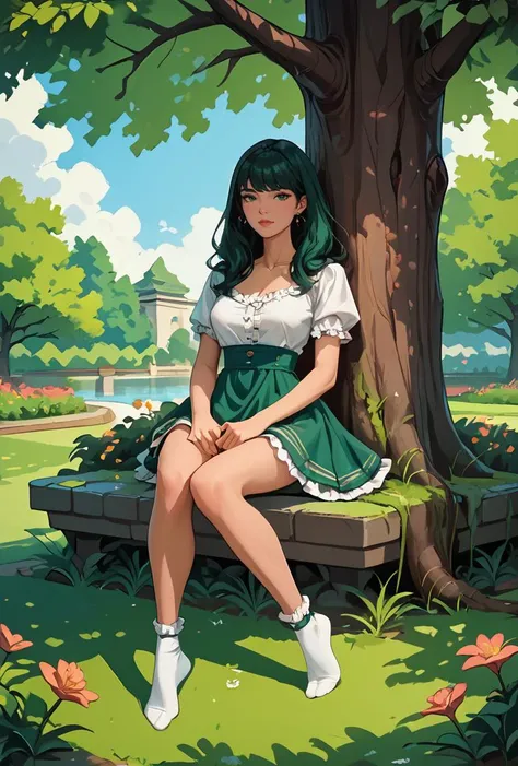 score_9, score_8_up, score_7_up,(((adult))), 25 years old,,zPDXL3, Western Comics, 1woman, adult, toned body, attractive figure , perky breasts, , east asian, green wispy bangs hair,, reclining, sitting, indian style , against tree, outside, garden, park, grass, flowers, frilled shirt, bubble skirt,0.3::ankle socks, ,
