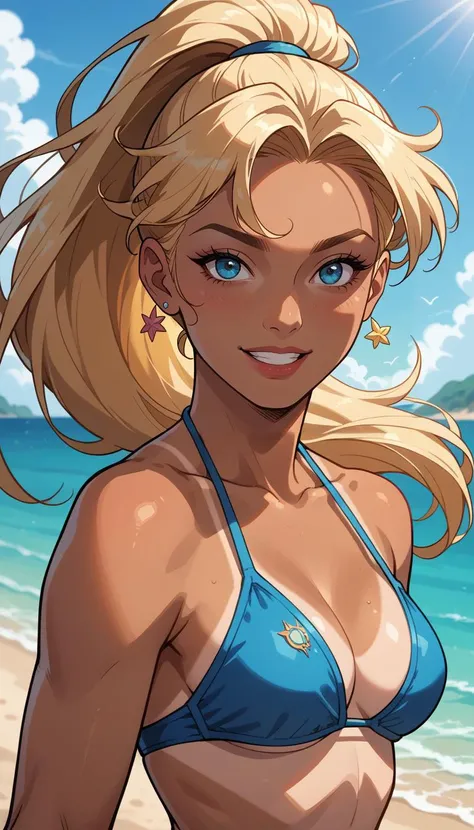 score_9, score_8_up, score_7_up, (Western Comics), anime girl, cute, seductive, innocent, blond ponytail, beautiful hair, floating hair, dark skin, tanned, visible tan lines, small bikini, (light smile:0.3), colorful, happy, (beach background), (Portrait photo), (depth of field), (dynamic angle), (ultra detailed, high quality texture), (sharp), (artistic image)