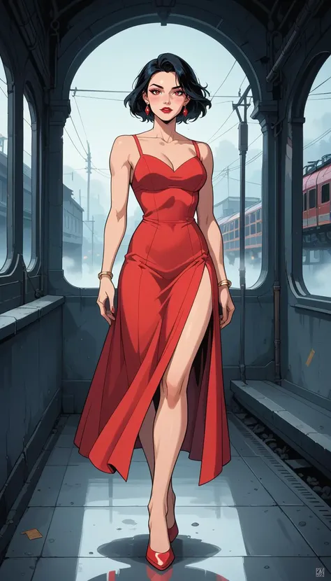 score_9, score_8_up, score_7_up, (Western Comics), beautiful girl, cute, seductive, innocent, solo, red dress, red shoes, fog atmosphere, fashion photography, cinematic photography, vibrant colors, cinematic lighting, abandoned old train station, (fog background), (Full body photo), (depth of field), (dynamic angle), (ultra detailed, high quality texture), (sharp), (artistic image)