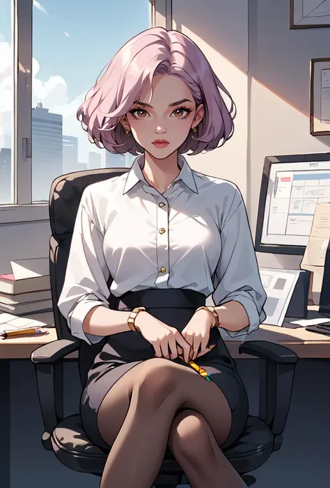 core_9, score_8_up, score_7_up,1girl,youngh, afro-caribbean, lavender bob cut hair, brown eyes, a office secretary dressed in a transparent white blouse and black office skirt and black pantyhose ,sitting in an office chair, holding pencil
