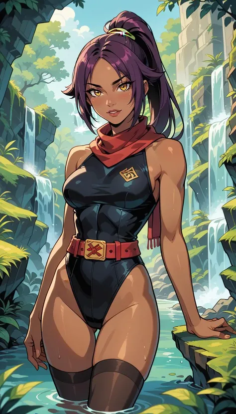 score_9, score_8_up, score_7_up, (Western Comics), Shihouin Yoruichi, seductive, innocent, cute, dark skin, band like belt, (light smile:0.3), ponytail, leotard, stockings, scarf, (light smile:0.3), (waterfalls background), (Cowboy shoot photo), (depth of field), (dynamic angle), (ultra detailed, high quality texture), (sharp), (artistic image)