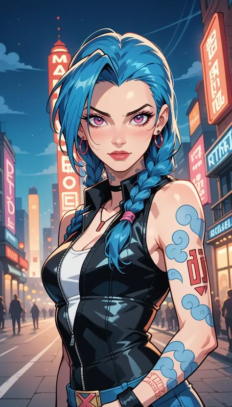 score_9, score_8_up, score_7_up, (Western Comics), (Jinx), cute, seductive, innocent, cloud tattoos on arm, outdoor, intense blue long hair, bokeh, neon light passing through hair, award winning fashion photography, (city background), (Portrait photo), (depth of field), (dynamic angle), (ultra detailed, high quality texture), (sharp), (artistic image)