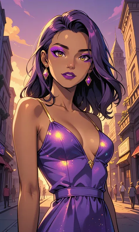 4n1v3rs3, score_9, score_8_up, score_7_up, (Western Comics), upper body shot, African supermodel, cowboy shot, purple makeup, colorful dress, yellow&purple theme, (cinematic, purple and yellow:0.85), dawn, (Venice city background), gondola, (vibrant color), (dynamic angle), , seductive, innocent, slim, skinny