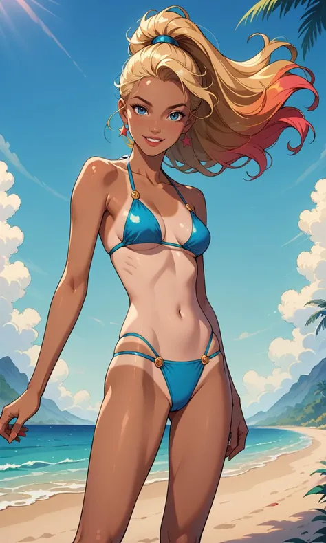 score_9, score_8_up, score_7_up, (Western Comics), anime woman, blond ponytail, beautiful hair, floating hair, dark skin, tanned, visible tan lines, small bikini, (light smile:0.3), colorful, happy, (beach background), seductive, innocent, slim, skinny