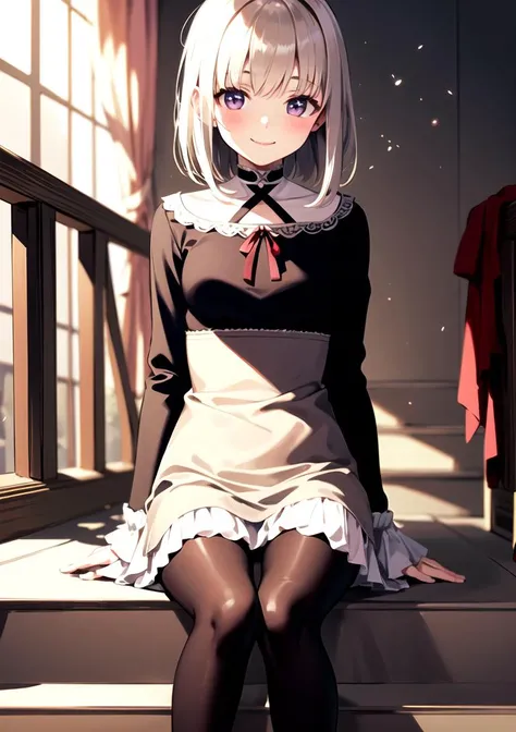 (masterpiece), (best quality), (illustration), (beautiful detailed), (highres), 1girl, solo, looking at viewer, black leggings, red ribbons on arms, smile, blush, indoors, stairs, sitting, arms behind head, smug, indoors, sunlight, light particles, <lora:kagari:0.7>
