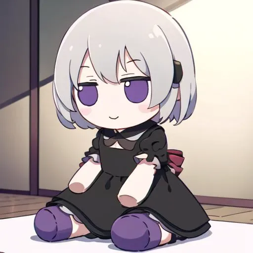 masterpiece, best quality, fumo, sitting, doll, <lora:fumo:0.9>, kagari, <lora:kagari:0.8>, black dress, black leggings, red ribbons on arms, silver hair, purple eyes