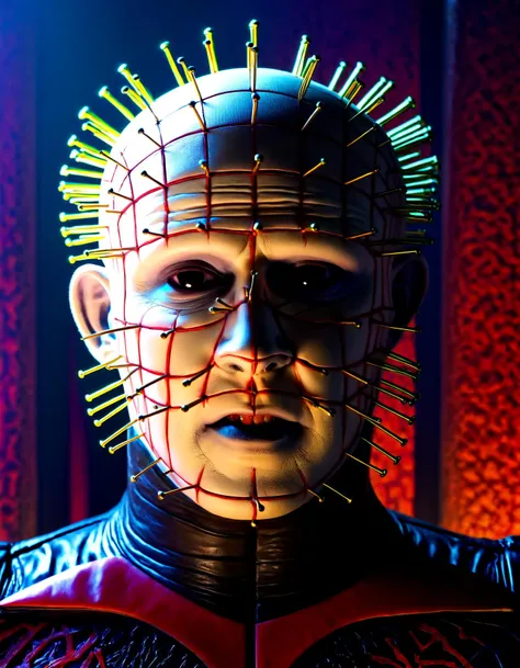 close up Pinhead, Hellraiser, dark leather fashion, shifting geometric structures, living organism walls, blood-red light, ominous shadows,hyperrealistic,Pinhead, clad in an elegantly tailored, dark, leather ensemble, stands in a room of shifting geometric structures, with walls that resemble a living, breathing organism, under a dim, blood-red light that casts ominous shadows.