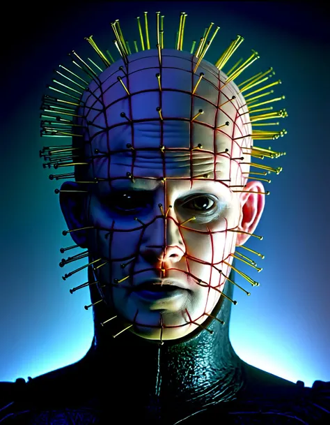 Pinhead, labyrinthine structure, shifting geometric patterns, thick atmosphere of dread, satanic imagery, moonlit starless night,hyperrealistic,Pinhead at the heart of a labyrinthine structure, surrounded by walls of shifting geometric patterns, the atmosphere thick with a sense of dread, with subtle hints of satanic imagery embedded within the architecture, under a moonlit, starless night.