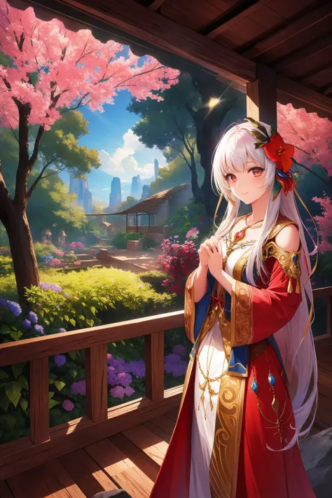 1girl, fantasy Redshift render, intricate details, landscape of a ([Oaxaca:The Garden of Eden:3]:1.3) from inside of The Taos Pueblo, it is very Untidy and Figurative, lush jungle and Neutron star in background, at Golden hour, (designed by C. R. W. Nevinson:0.7) , Vivid, Guilty, Medieval art, hard light, Zoom lens, Kodachrome, Luminous trails, ethereal magical atmosphere, photolab, RTX, digital art, macabre