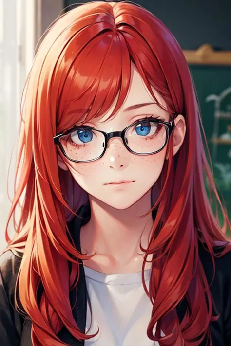 professional, masterpiece, 8k, hyperrealistic portrait of a 20yo cute ginger girl, long hair, redhead, glasses, (looking shy:1.3), freckles, detailed face, detailed skin, photography, hq, photorealistic,