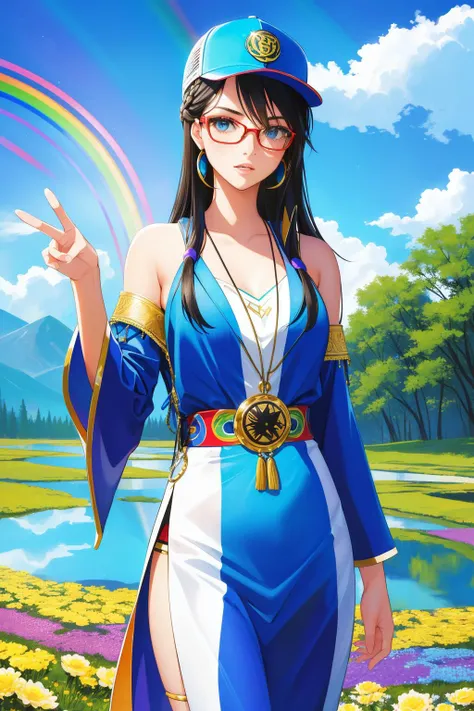 1girl, artistic Painting, Gouache Art, surreal, professionally shot of an in a very Extreme dark rainbow [Bauhaus:Cosplayer:9] Rattan robe tailored by Gianni Versace, Serene Remarkable athletic Peasant ([Taylor Lautner:Fremen:1]:1.3) , he is being looked at by a couple of Cromulent people wearing Smart [Chikankari:Dandong:15], ð¤ , he is bewildered as a Saint, he has Silver hairstyle, Taylor Lautner has a Voluminous Aztec fluorescent blue Glasses Chain, Trucker hat, lush pond and flower field, Stars in the sky, tilt shift, Fine art, Evil, Cold Lighting, F/2.8, High Contrast, icon style, Complex background, freckles, perfect skin, 8K, Best quality, (designed by Yosuke Ueno:1.0) , (Duccio:0.8)