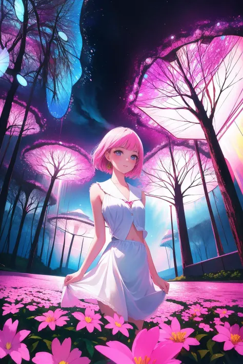 1girl, (surrealism art stylized by Scott Musgrove:1.2) and (David Renshaw:0.9) , landscape art, detailed Photograph, intricate background, establishing shot of a Delicate Symmetrical ([Finch:Napkins:1]:1.3) , complex electric pink and Neon background, dense water with Pots with flowers, Stormy weather, Sharp and in focus, Dynamic, Cosy, Methaphysical painting, DayGlo pink lighting, Intentional Camera Movement, Kodak portra 800, pinhole lens, Lomography, symbolism, otherworldly, dslr, RTX